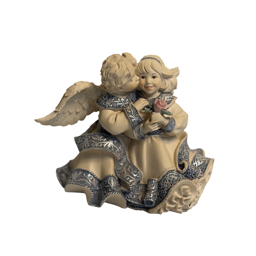 VTG Sarah's Angels Mary & Kirk Figurine Cream Blue Silver Resin Angel Statue MCM